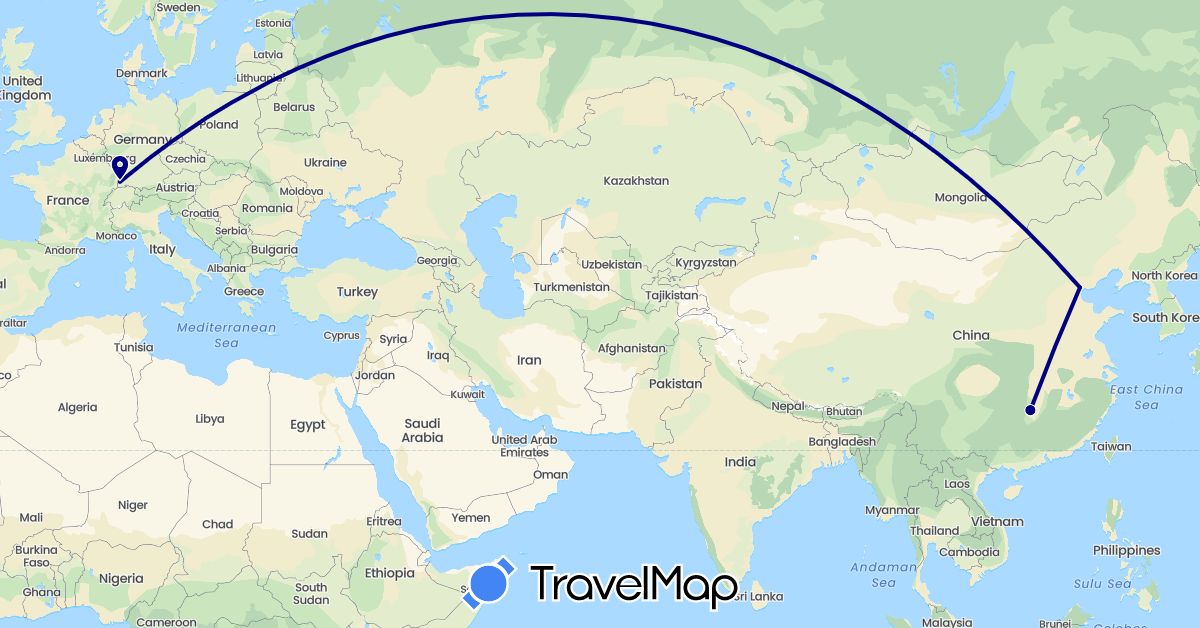TravelMap itinerary: driving in China, Germany (Asia, Europe)